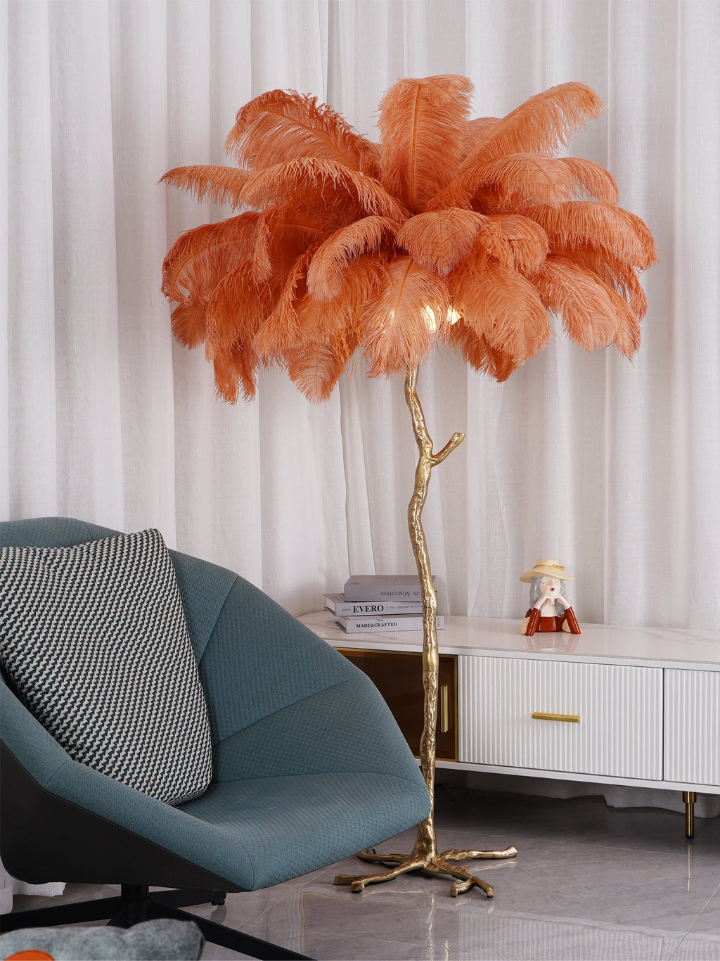 Brass Floor Lamp with Ostrich Feather Shade - Modern Lighting for Living Room & Bedroom Decor