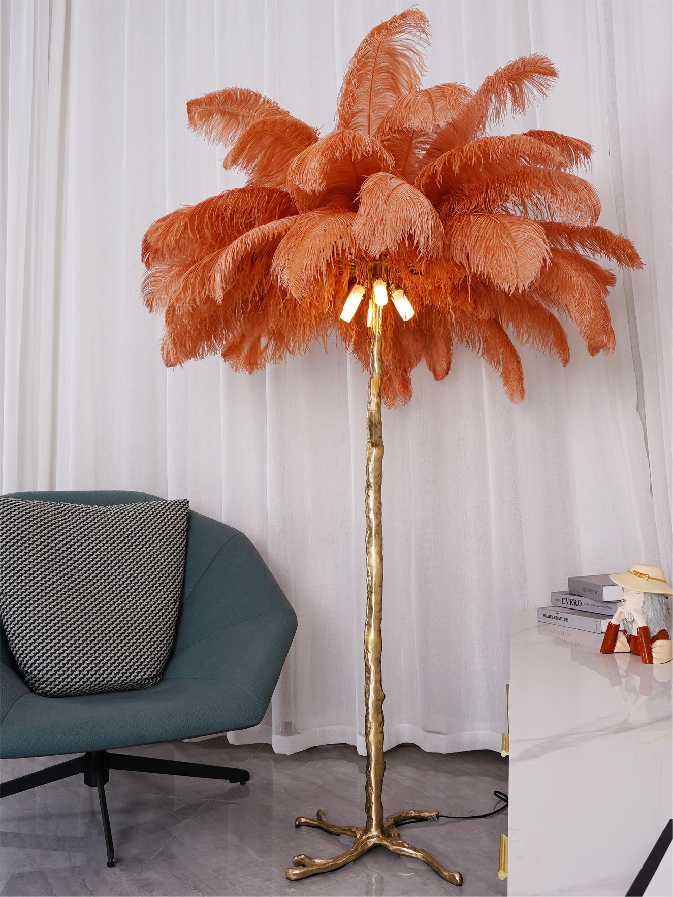 Brass Floor Lamp with Ostrich Feather Shade - Modern Lighting for Living Room & Bedroom Decor