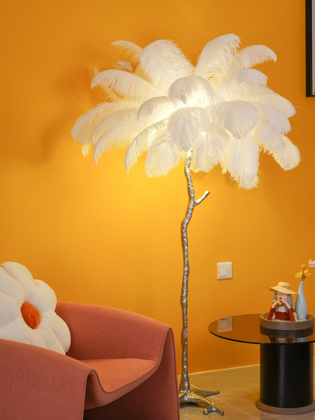 Brass Floor Lamp with Ostrich Feather Shade - Modern Lighting for Living Room & Bedroom Decor
