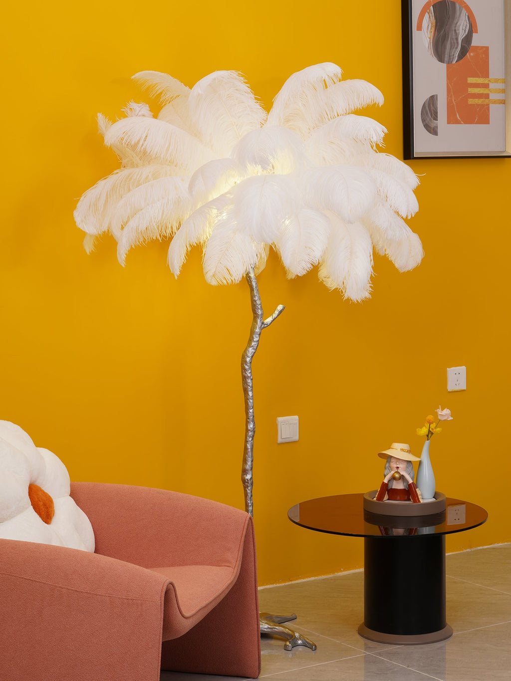 Brass Floor Lamp with Ostrich Feather Shade - Modern Lighting for Living Room & Bedroom Decor