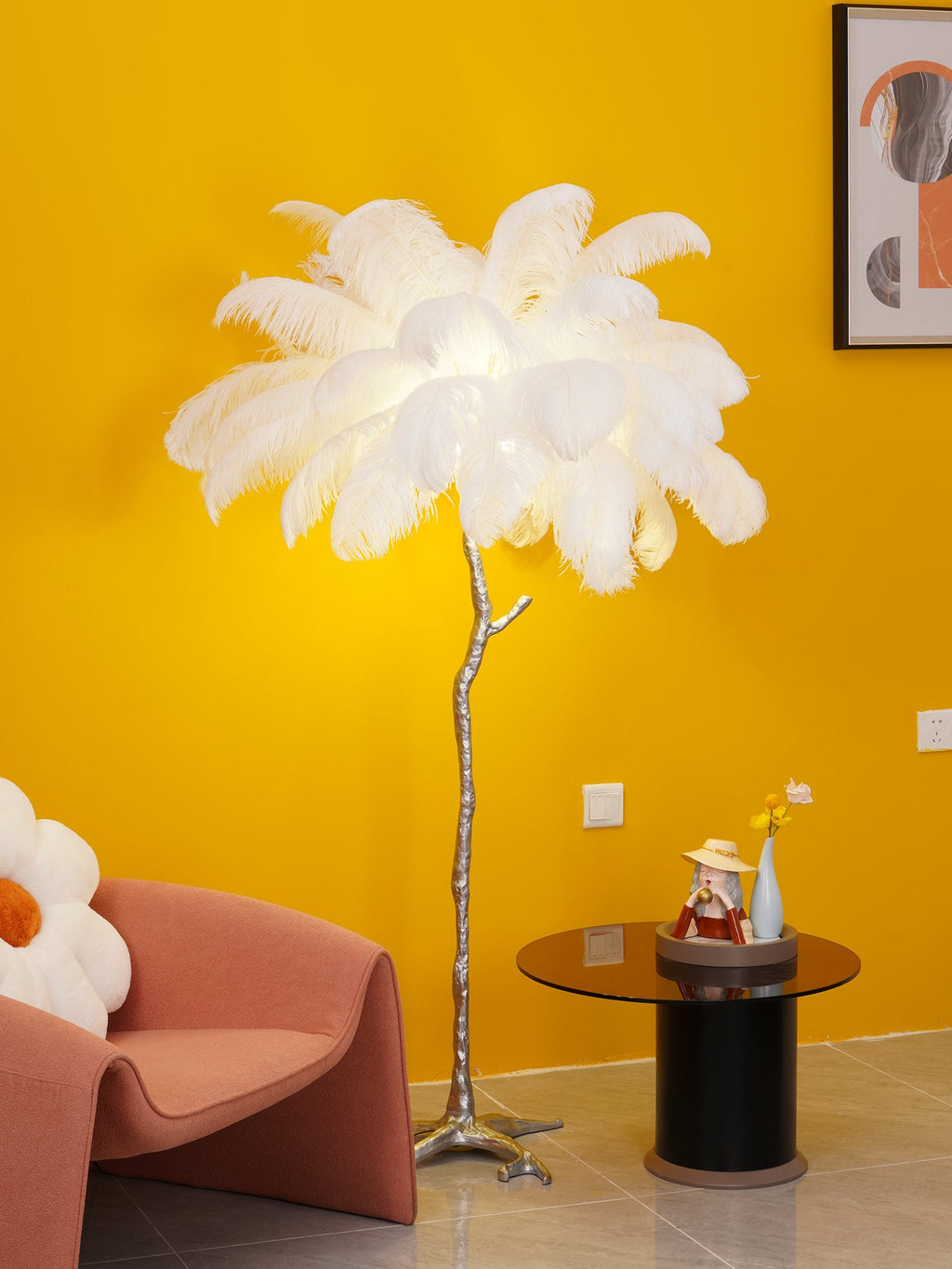 Brass Floor Lamp with Ostrich Feather Shade - Modern Lighting for Living Room & Bedroom Decor
