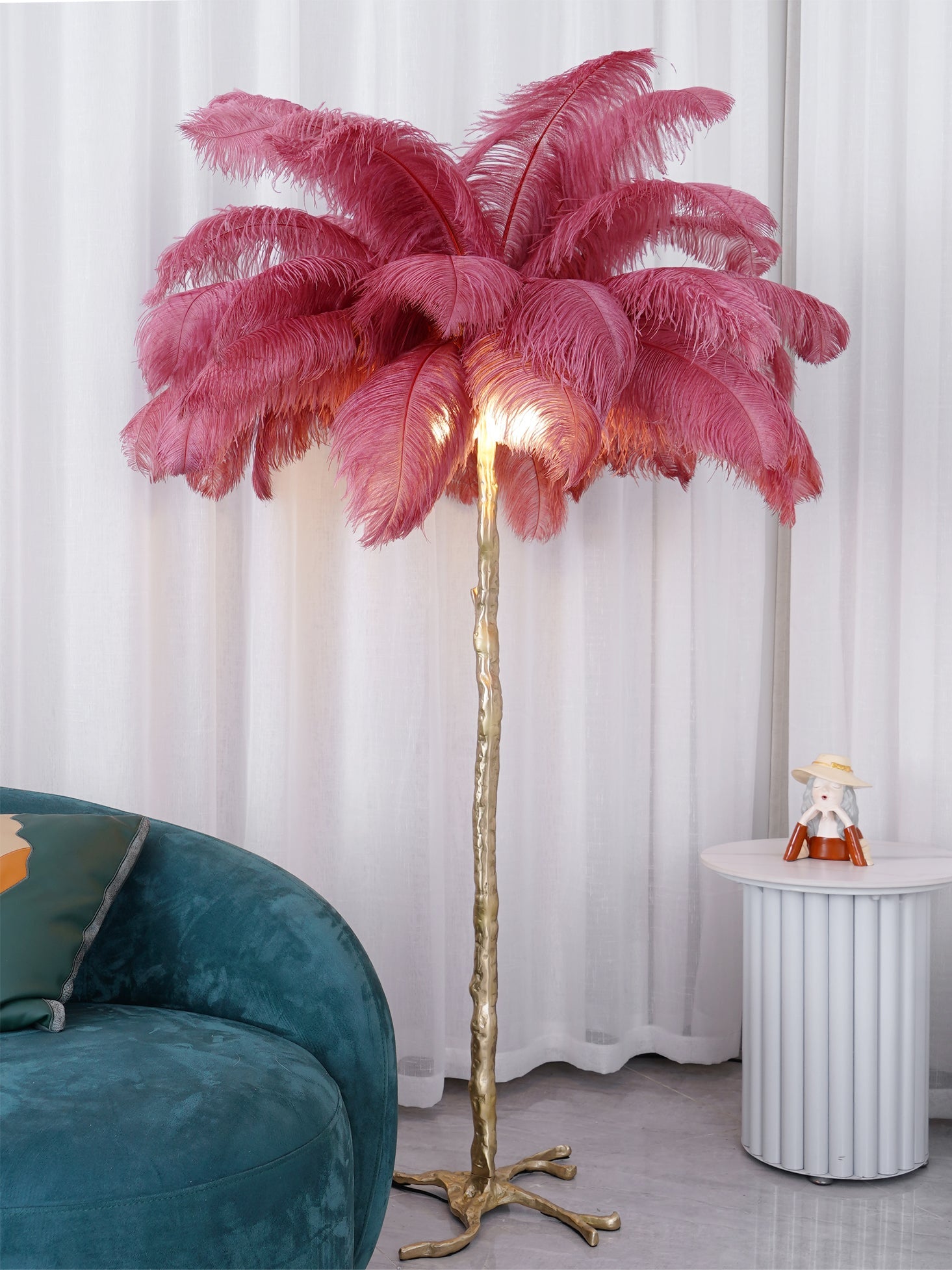Brass Floor Lamp with Ostrich Feather Shade - Modern Lighting for Living Room & Bedroom Decor
