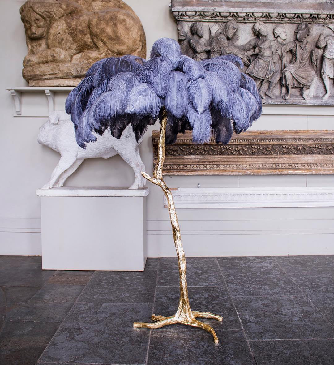 Brass Floor Lamp with Ostrich Feather Shade - Modern Lighting for Living Room & Bedroom Decor