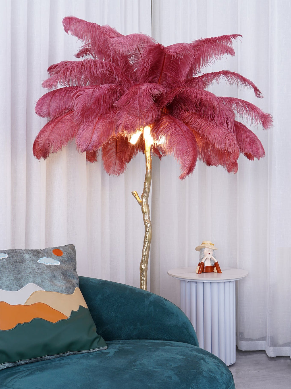 Brass Floor Lamp with Ostrich Feather Shade - Modern Lighting for Living Room & Bedroom Decor