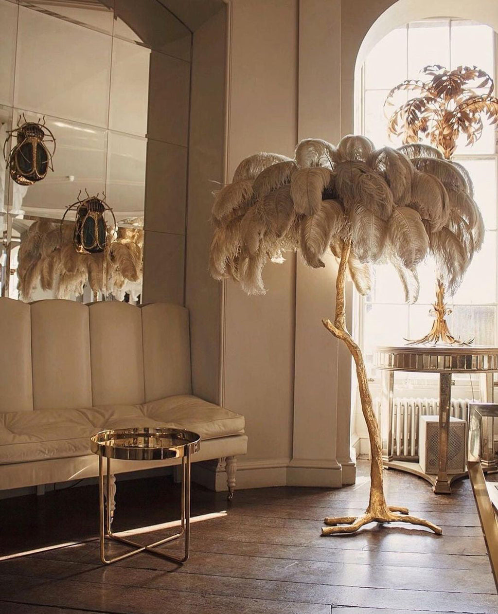 Brass Floor Lamp with Ostrich Feather Shade - Modern Lighting for Living Room & Bedroom Decor