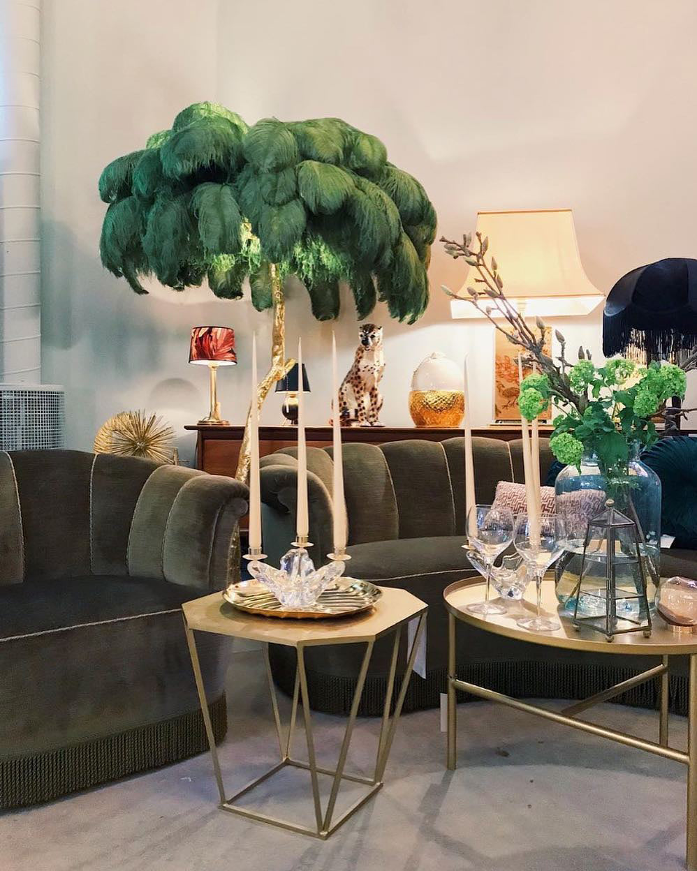 Brass Floor Lamp with Ostrich Feather Shade - Modern Lighting for Living Room & Bedroom Decor