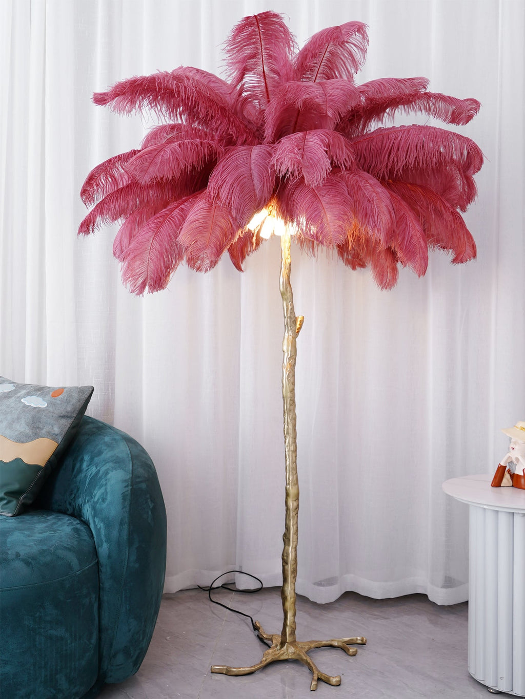 Brass Floor Lamp with Ostrich Feather Shade - Modern Lighting for Living Room & Bedroom Decor