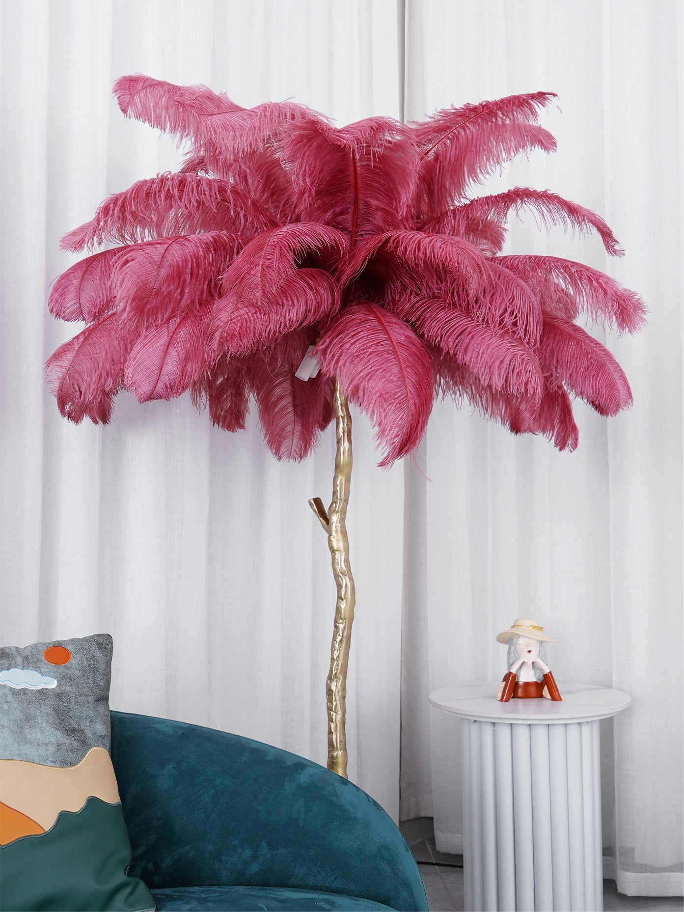 Brass Floor Lamp with Ostrich Feather Shade - Modern Lighting for Living Room & Bedroom Decor