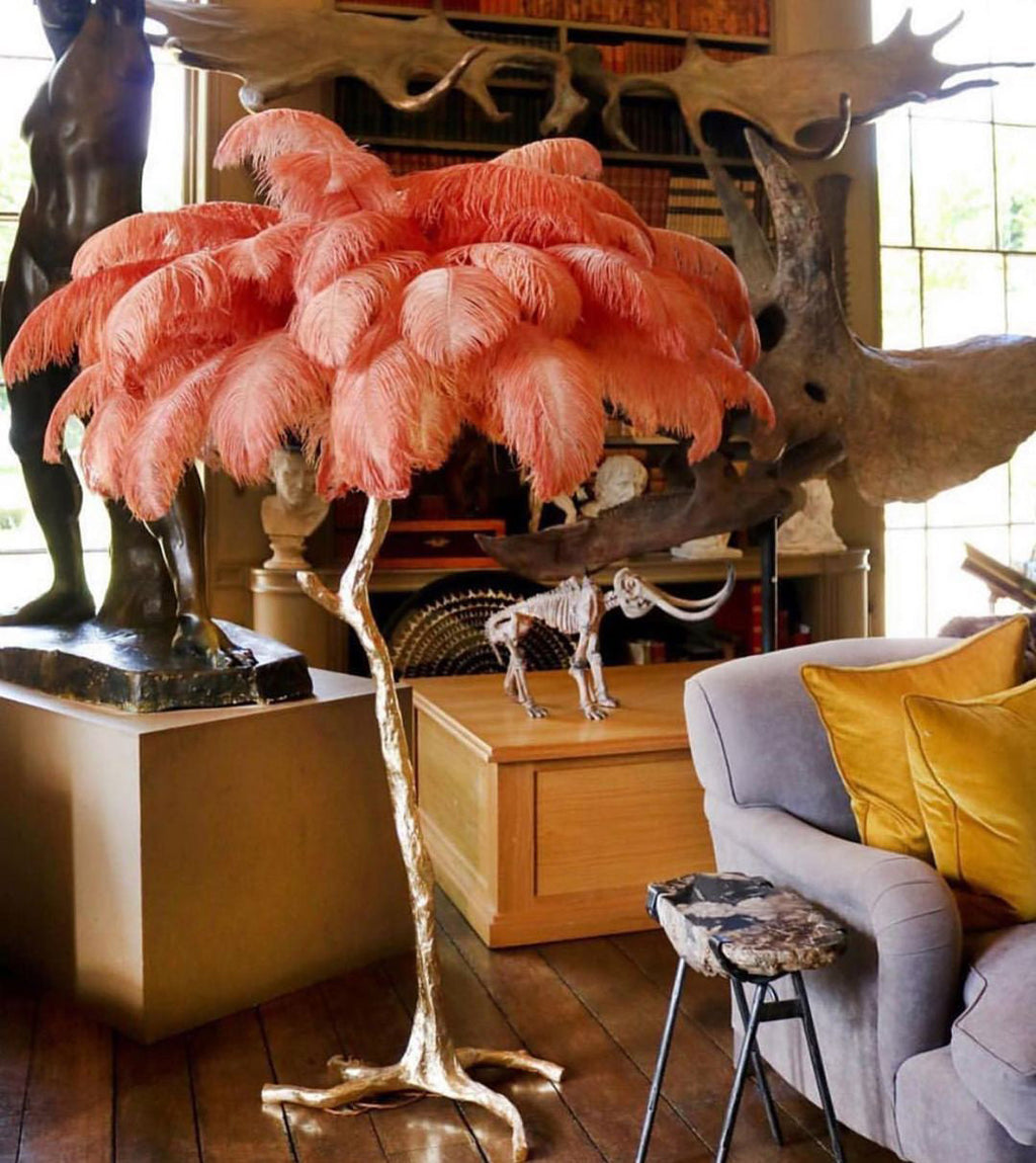 Brass Floor Lamp with Ostrich Feather Shade - Modern Lighting for Living Room & Bedroom Decor