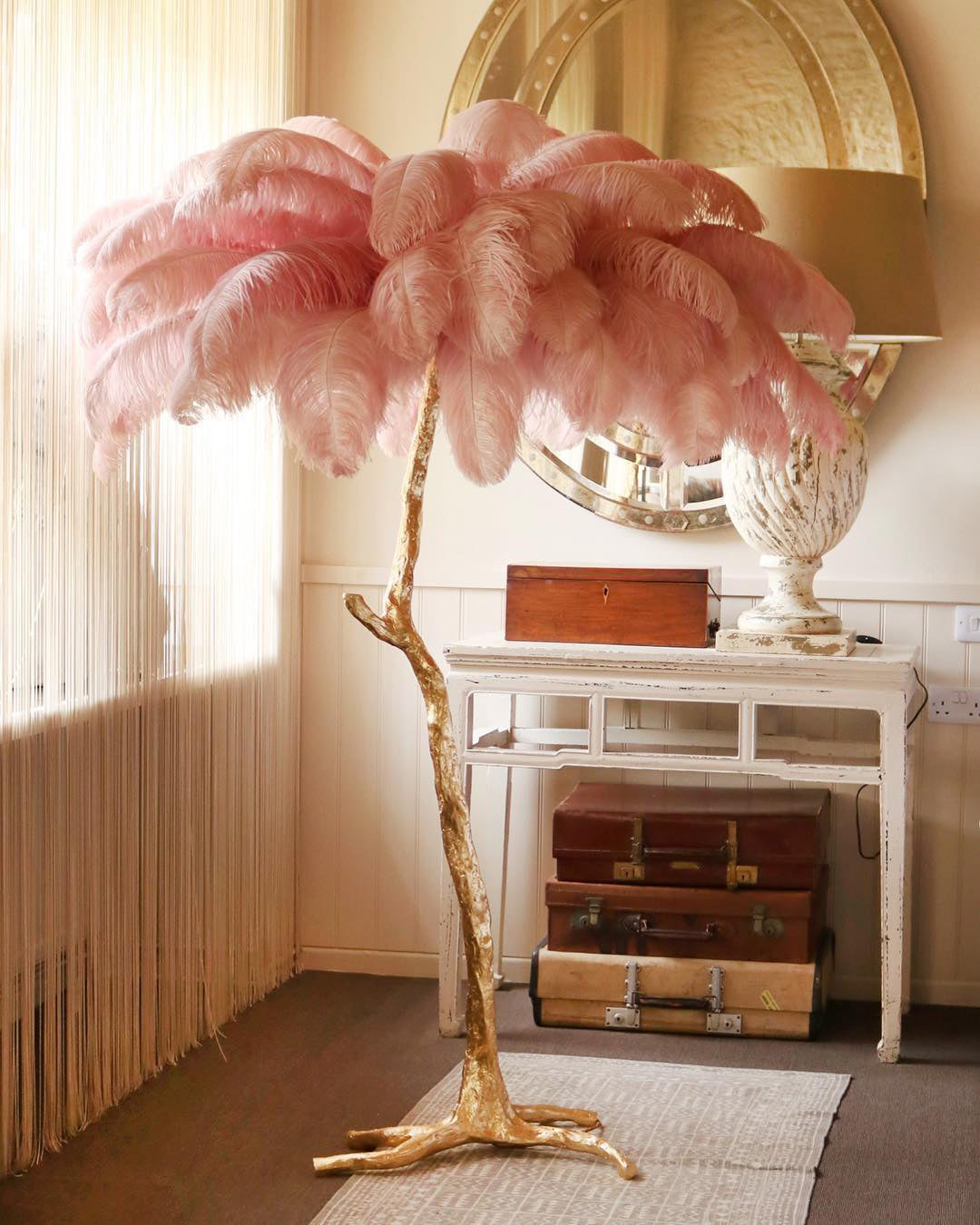 Brass Floor Lamp with Ostrich Feather Shade - Modern Lighting for Living Room & Bedroom Decor