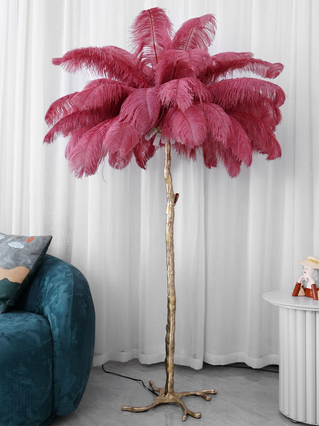 Brass Floor Lamp with Ostrich Feather Shade - Modern Lighting for Living Room & Bedroom Decor
