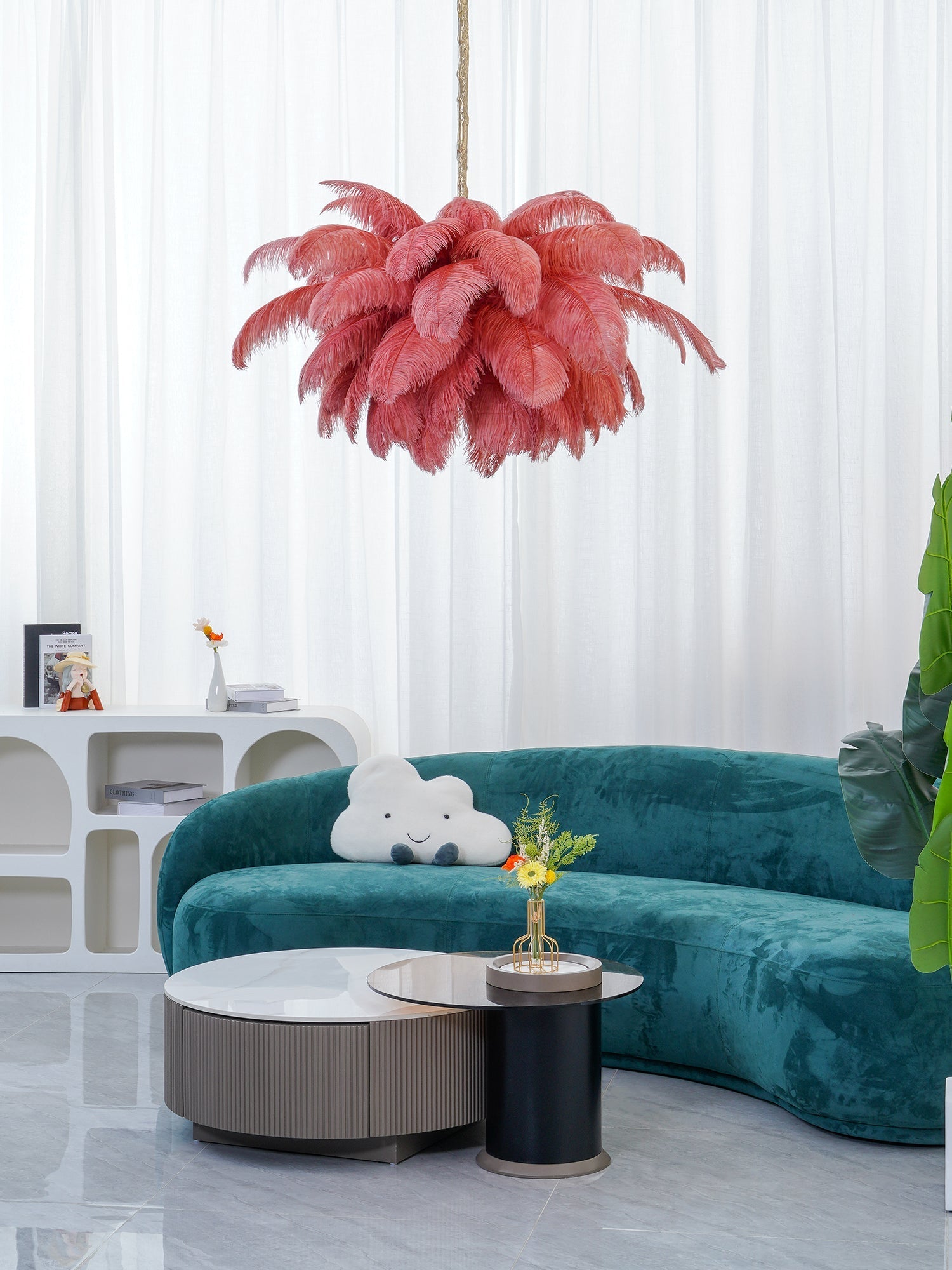Extra Large Ostrich Feather Chandelier | Opulent Brass Base & Ideal for Luxury Indoor Spaces