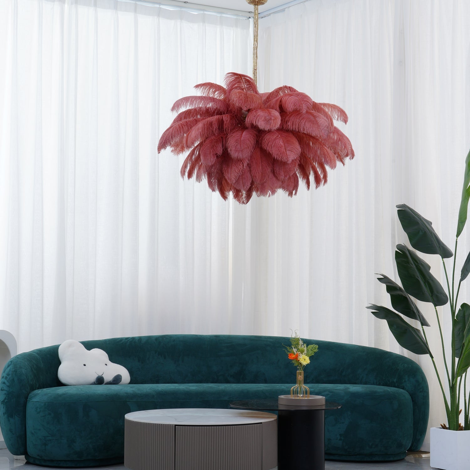 Extra Large Ostrich Feather Chandelier | Opulent Brass Base & Ideal for Luxury Indoor Spaces