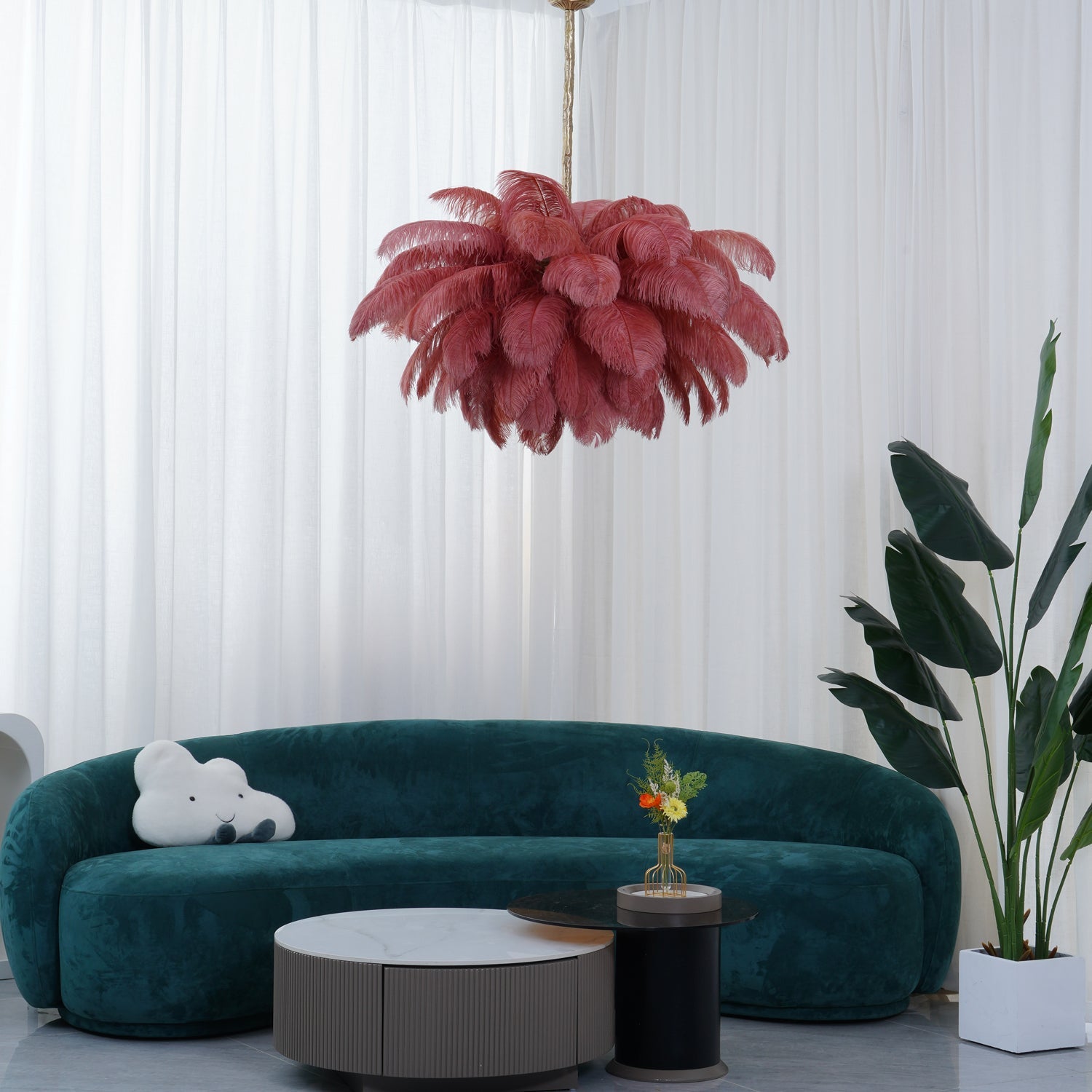 Extra Large Ostrich Feather Chandelier | Opulent Brass Base & Ideal for Luxury Indoor Spaces
