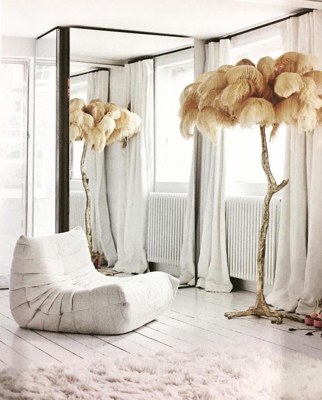 Brass Floor Lamp with Ostrich Feather Shade - Modern Lighting for Living Room & Bedroom Decor