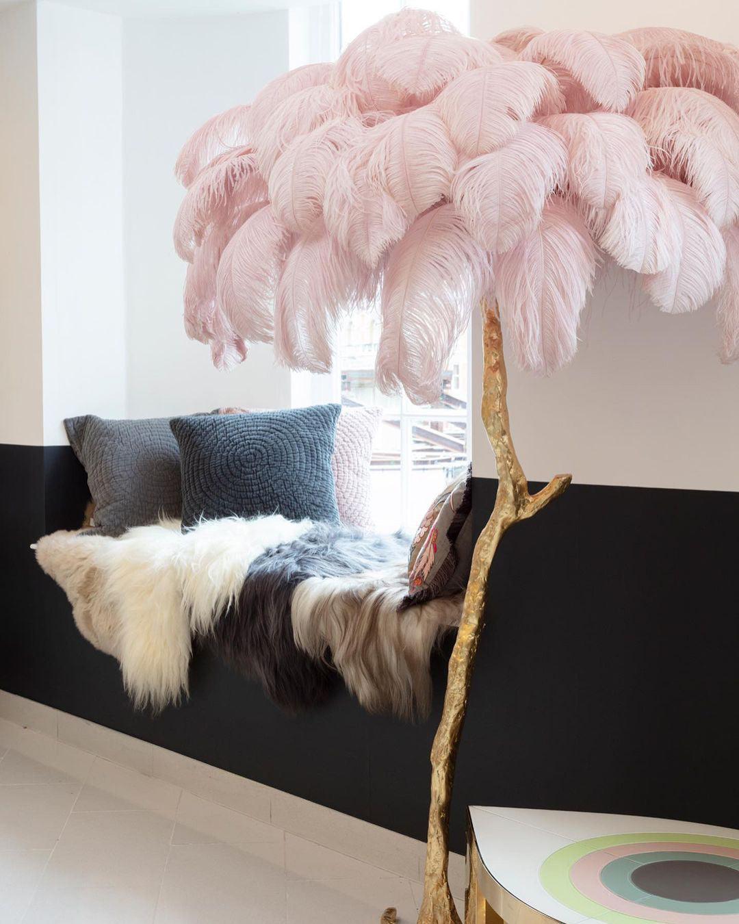 Brass Floor Lamp with Ostrich Feather Shade - Modern Lighting for Living Room & Bedroom Decor