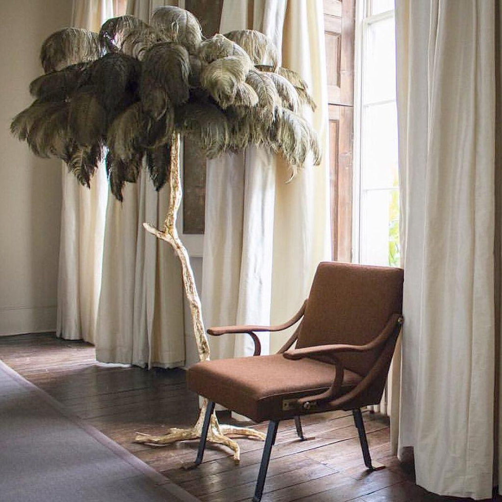 Brass Floor Lamp with Ostrich Feather Shade - Modern Lighting for Living Room & Bedroom Decor