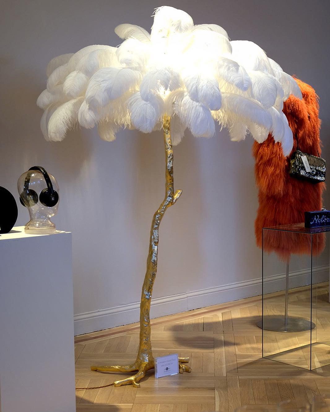 Brass Floor Lamp with Ostrich Feather Shade - Modern Lighting for Living Room & Bedroom Decor