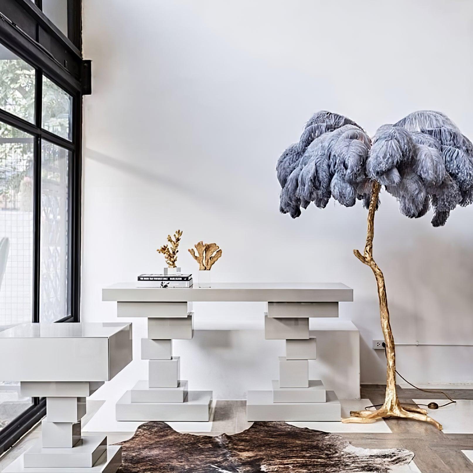 Brass Floor Lamp with Ostrich Feather Shade - Modern Lighting for Living Room & Bedroom Decor