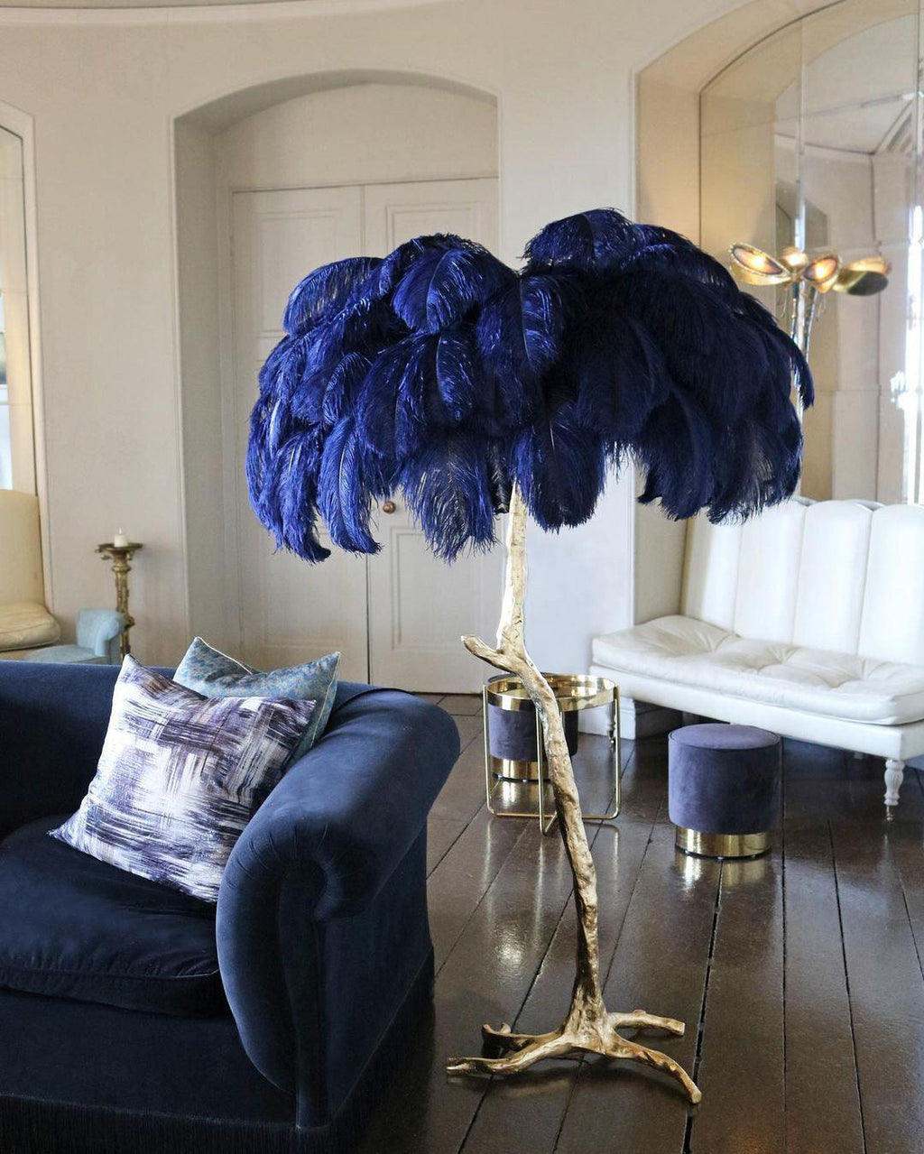 Brass Floor Lamp with Ostrich Feather Shade - Modern Lighting for Living Room & Bedroom Decor