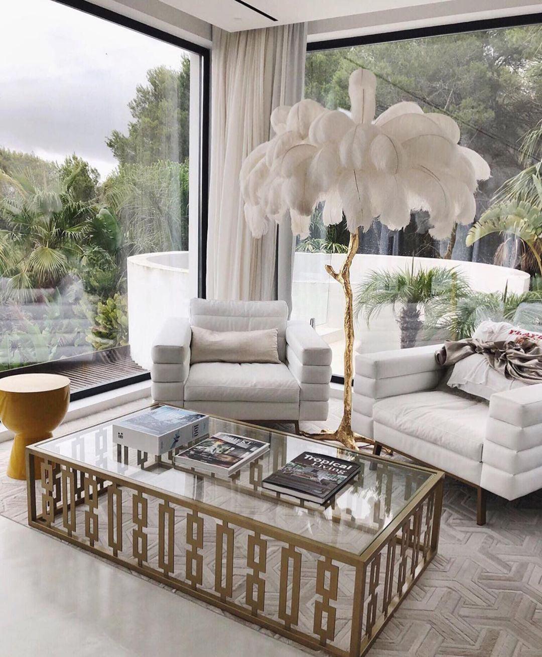 Brass Floor Lamp with Ostrich Feather Shade - Modern Lighting for Living Room & Bedroom Decor