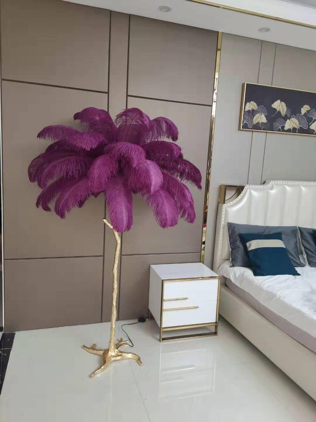 Brass Floor Lamp with Ostrich Feather Shade - Modern Lighting for Living Room & Bedroom Decor