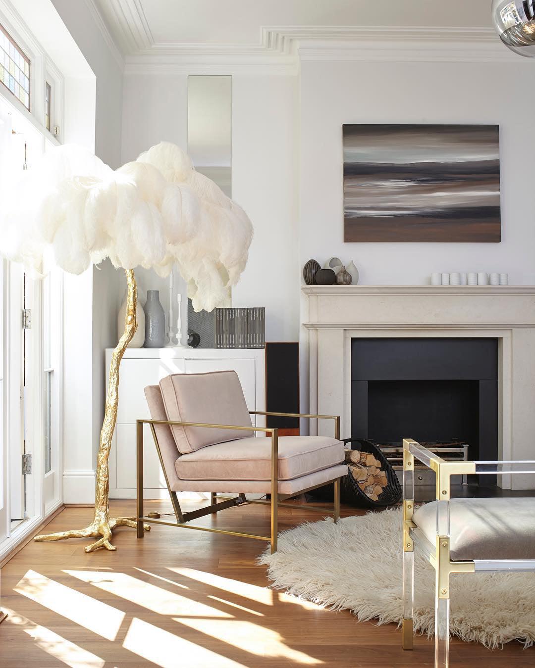 Brass Floor Lamp with Ostrich Feather Shade - Modern Lighting for Living Room & Bedroom Decor