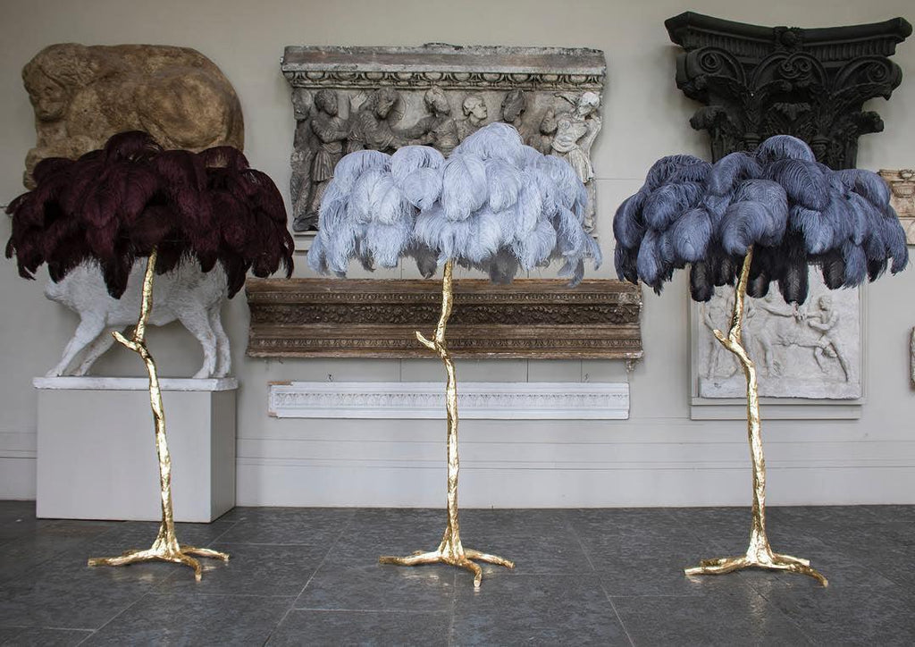 Brass Floor Lamp with Ostrich Feather Shade - Modern Lighting for Living Room & Bedroom Decor