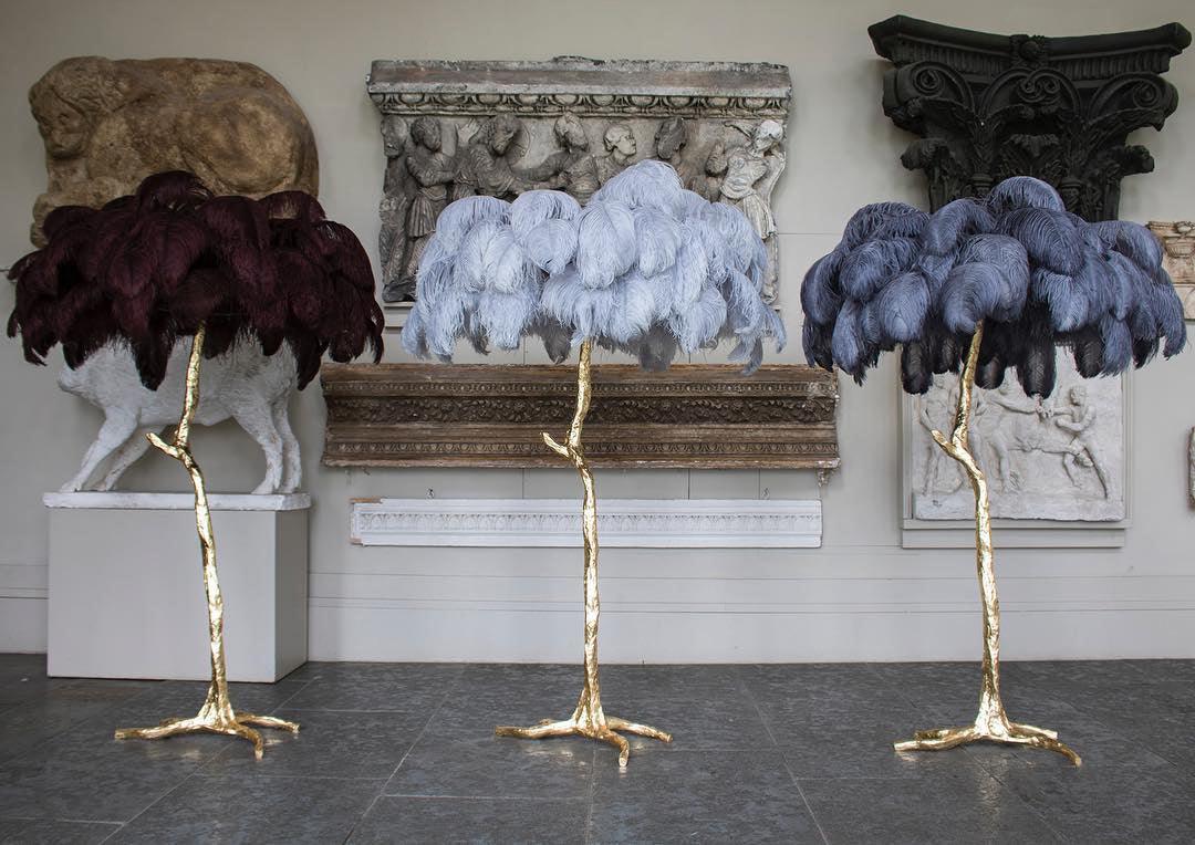 Brass Floor Lamp with Ostrich Feather Shade - Modern Lighting for Living Room & Bedroom Decor