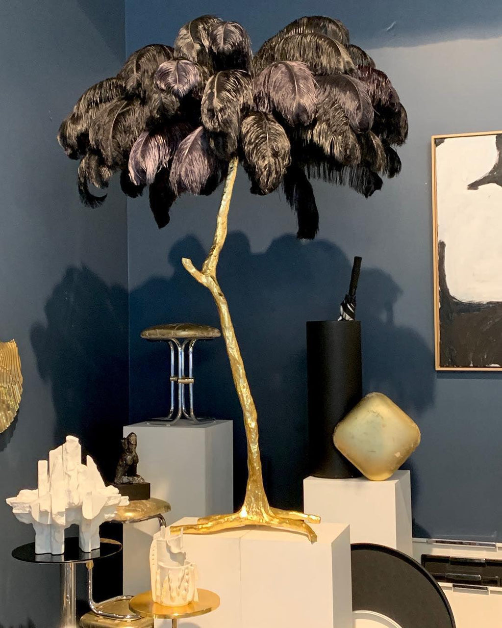 Brass Floor Lamp with Ostrich Feather Shade - Modern Lighting for Living Room & Bedroom Decor
