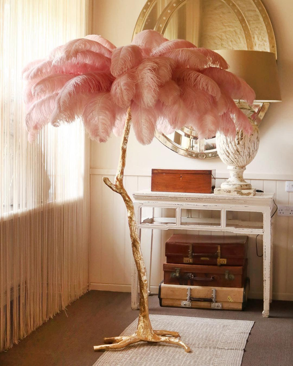 Brass Floor Lamp with Ostrich Feather Shade - Modern Lighting for Living Room & Bedroom Decor