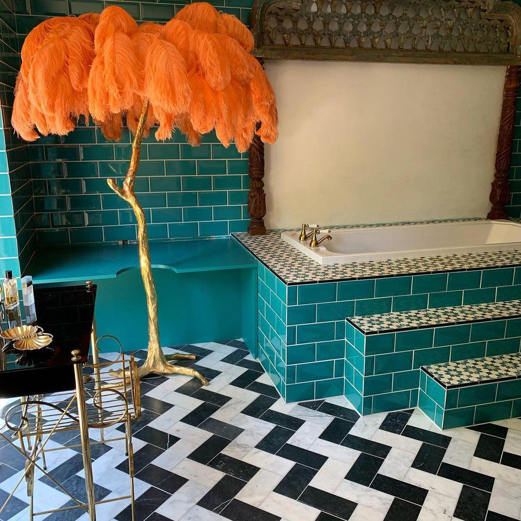 Brass Floor Lamp with Ostrich Feather Shade - Modern Lighting for Living Room & Bedroom Decor