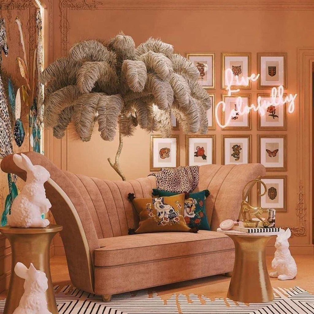 Brass Floor Lamp with Ostrich Feather Shade - Modern Lighting for Living Room & Bedroom Decor