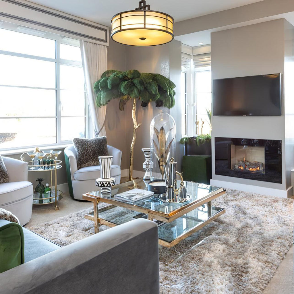 Brass Floor Lamp with Ostrich Feather Shade - Modern Lighting for Living Room & Bedroom Decor