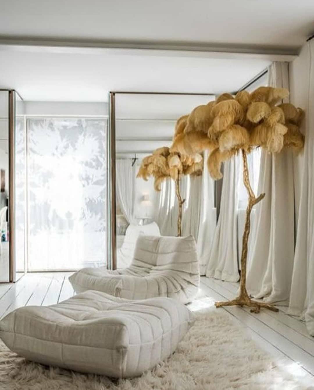Brass Floor Lamp with Ostrich Feather Shade - Modern Lighting for Living Room & Bedroom Decor