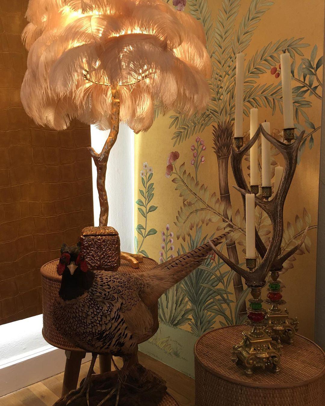 Brass Floor Lamp with Ostrich Feather Shade - Modern Lighting for Living Room & Bedroom Decor