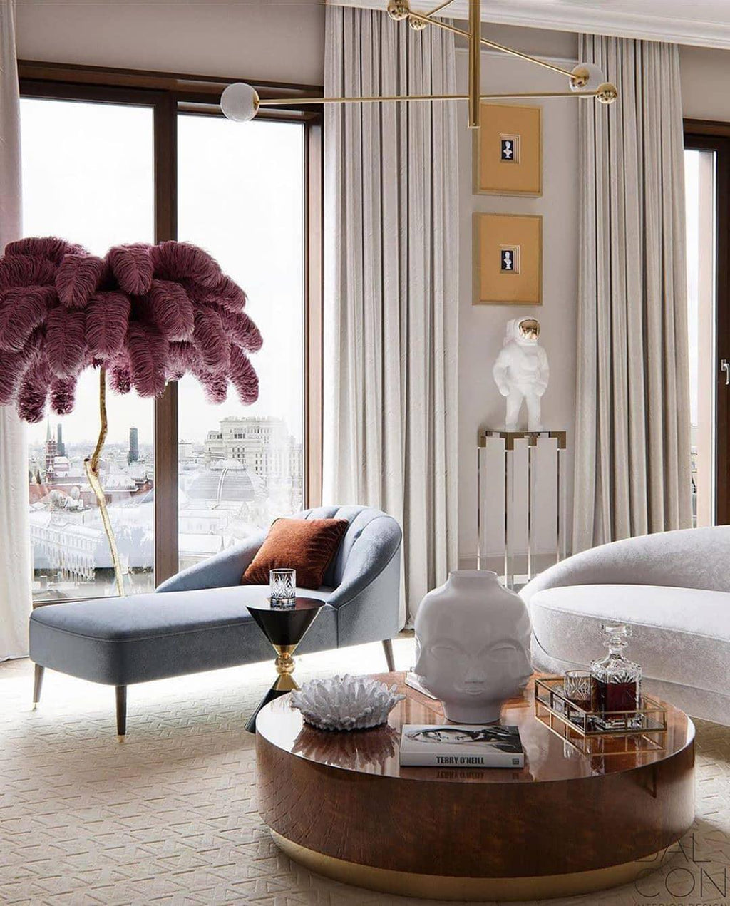 Brass Floor Lamp with Ostrich Feather Shade - Modern Lighting for Living Room & Bedroom Decor