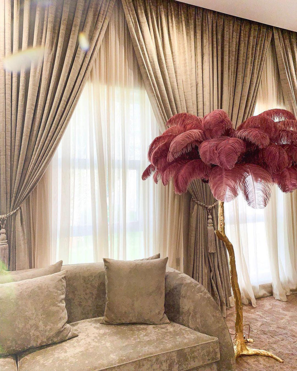 Brass Floor Lamp with Ostrich Feather Shade - Modern Lighting for Living Room & Bedroom Decor