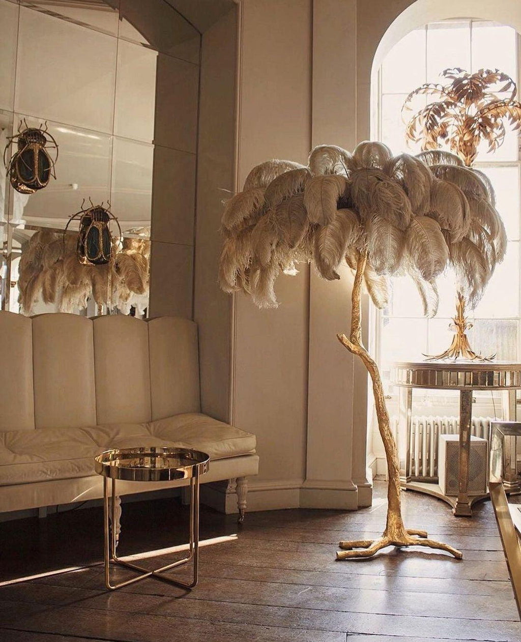 Brass Floor Lamp with Ostrich Feather Shade - Modern Lighting for Living Room & Bedroom Decor