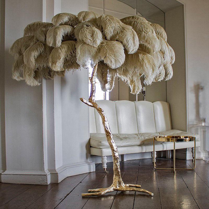 Brass Floor Lamp with Ostrich Feather Shade - Modern Lighting for Living Room & Bedroom Decor