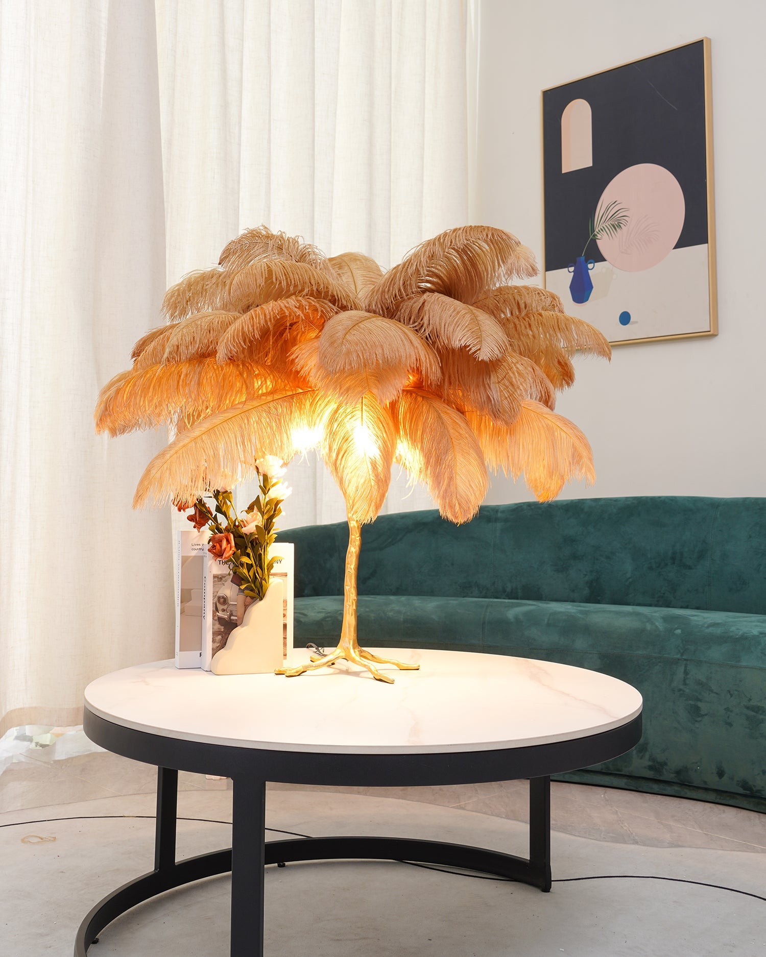 Ostrich Feather Table Lamp with Adjustable Brightness for Living Room & Bedroom Decor