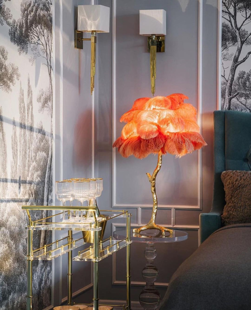 Ostrich Feather Table Lamp with Adjustable Brightness for Living Room & Bedroom Decor