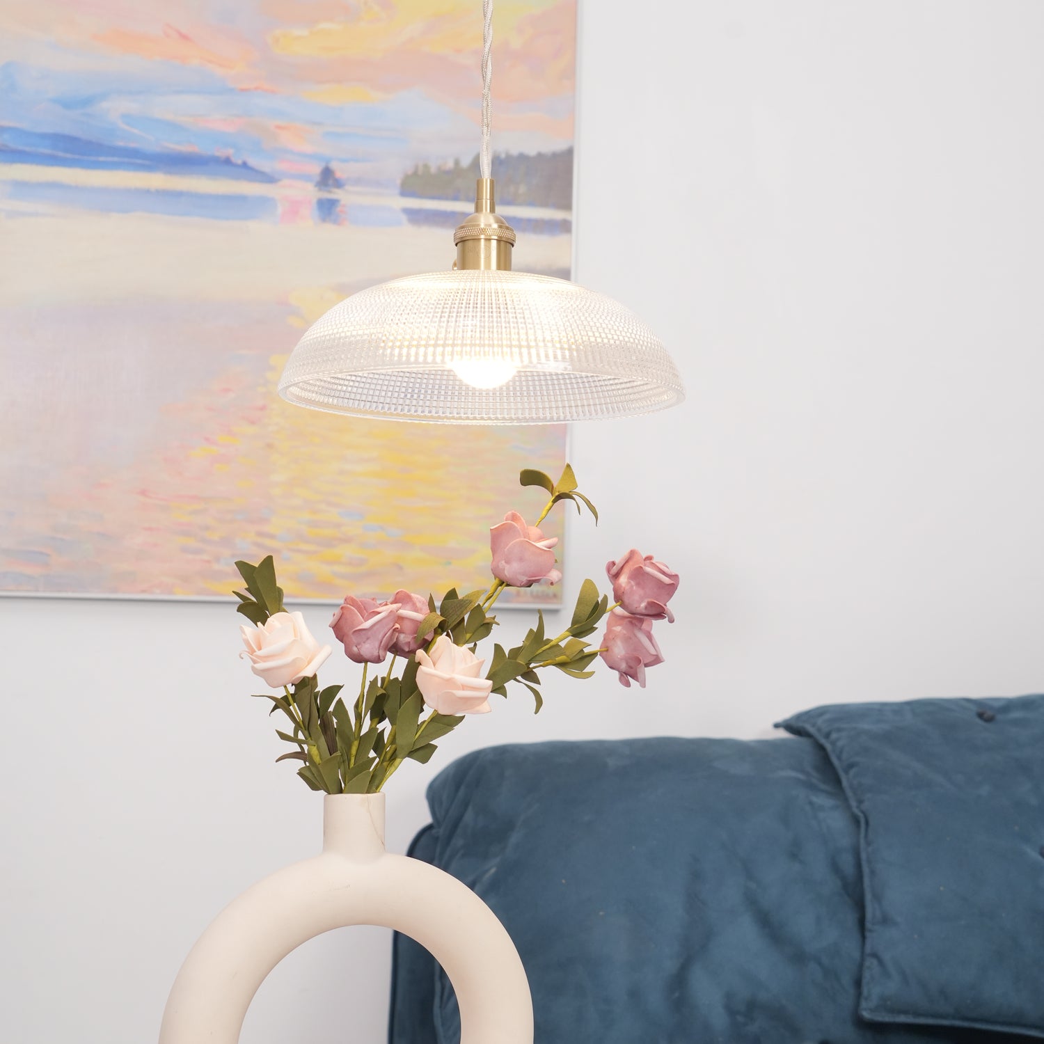 Ribbed Glass Ceiling Pendant Light | Polished Brass, Indoor Use & Ideal for Living Room or Dining Area