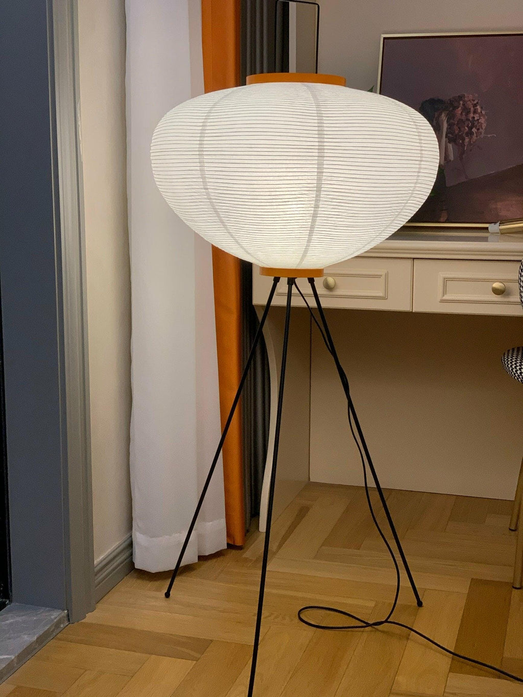Rice Paper Floor Lamp with Wooden Base - Soft Ambient Lighting for Living Room & Bedroom Decor