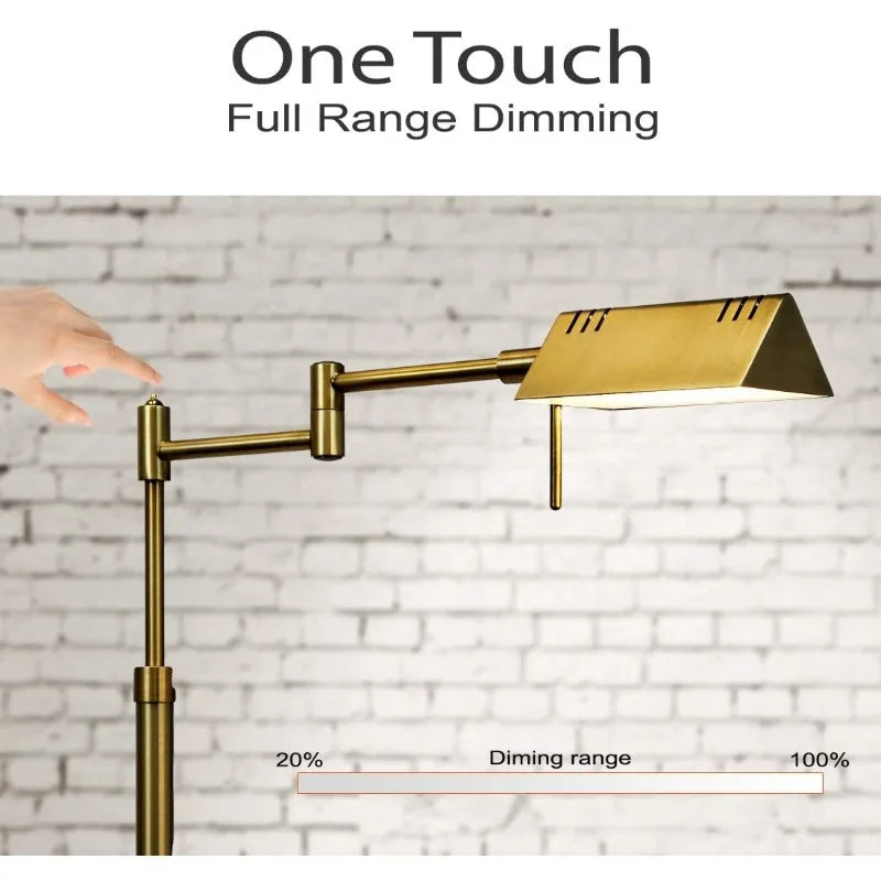 Dimmable LED Pharmacy Floor Lamp 12W with 360-Degree Swing Arms & Adjustable Height for Reading & Task Lighting in Gold Finish