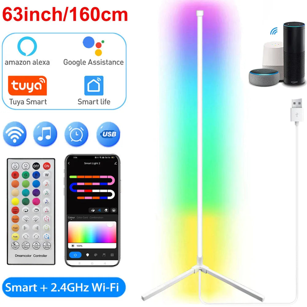 Smart 160cm RGB Dimmable Corner Floor Lamp for Bedroom, Gaming & Living Room Mood Lighting with Alexa Control