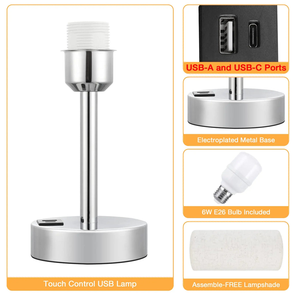 LED Touch Control Table Lamp with 3-Way Dimmable Settings and USB A+C Ports for Bedroom Nightstand & Desk Use