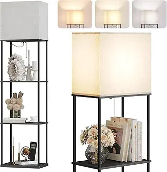 LED Floor Lamp with Shelves, Modern Square Standing Light with 3 Color Temperature Bulb for Corner Display & Bookshelf Use