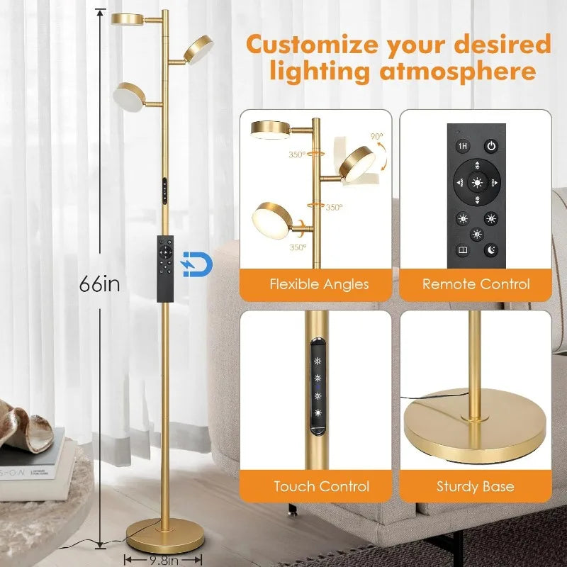 LED Floor Lamp with Remote & Touch Control, Gold Modern Standing Light, 4 Color Temperatures for Living Room & Home Decor