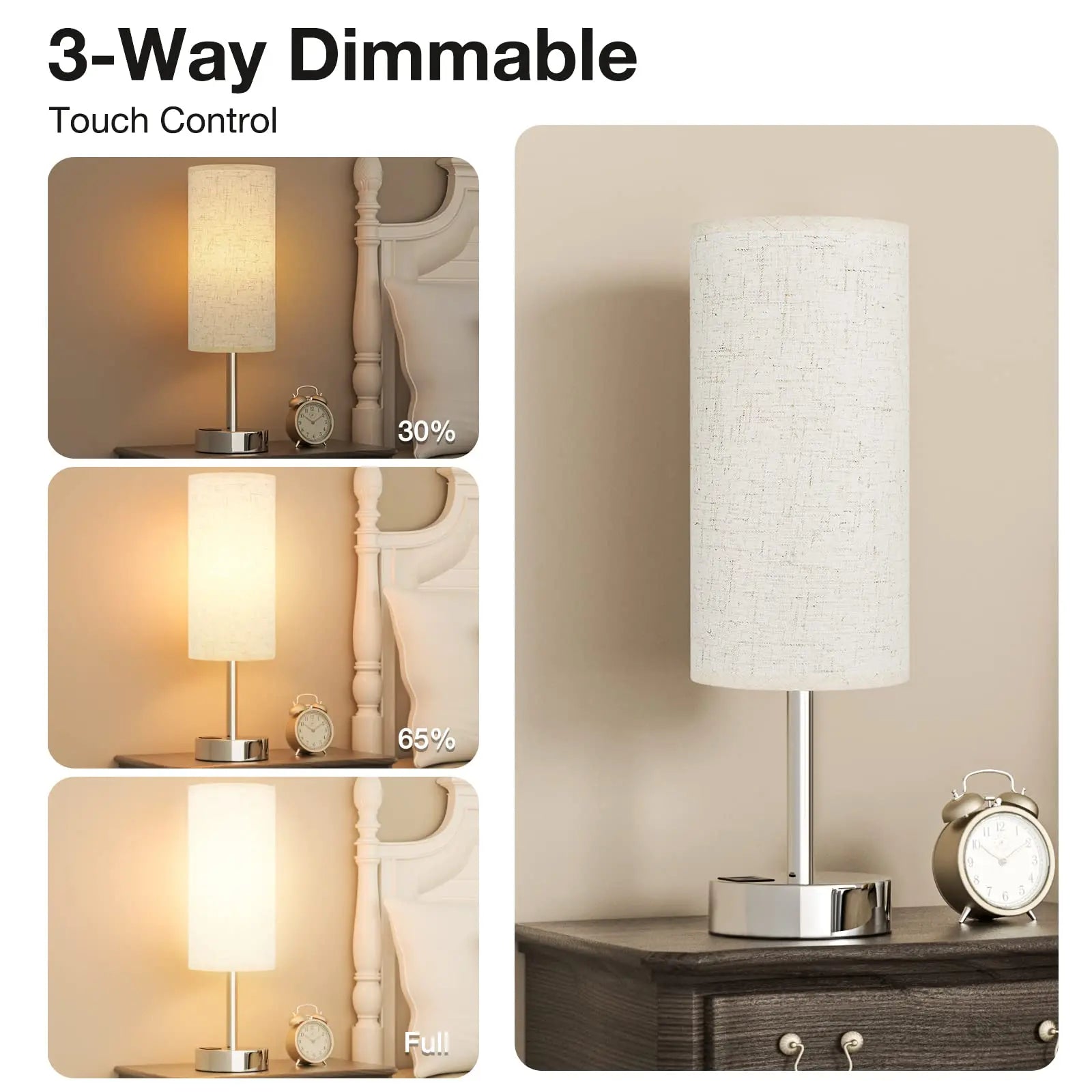 LED Touch Control Table Lamp with 3-Way Dimmable Settings and USB A+C Ports for Bedroom Nightstand & Desk Use